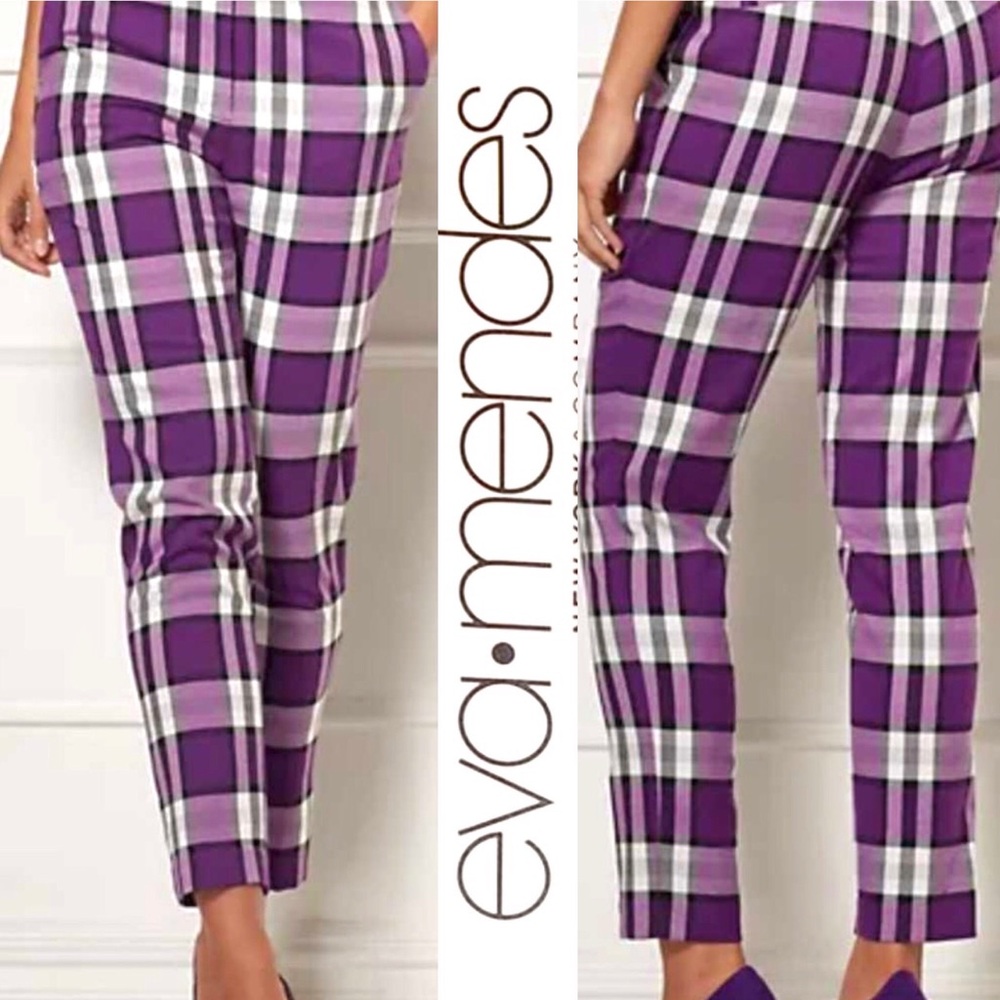 NWT! EVA MENDES purple plaid stretch crop pants